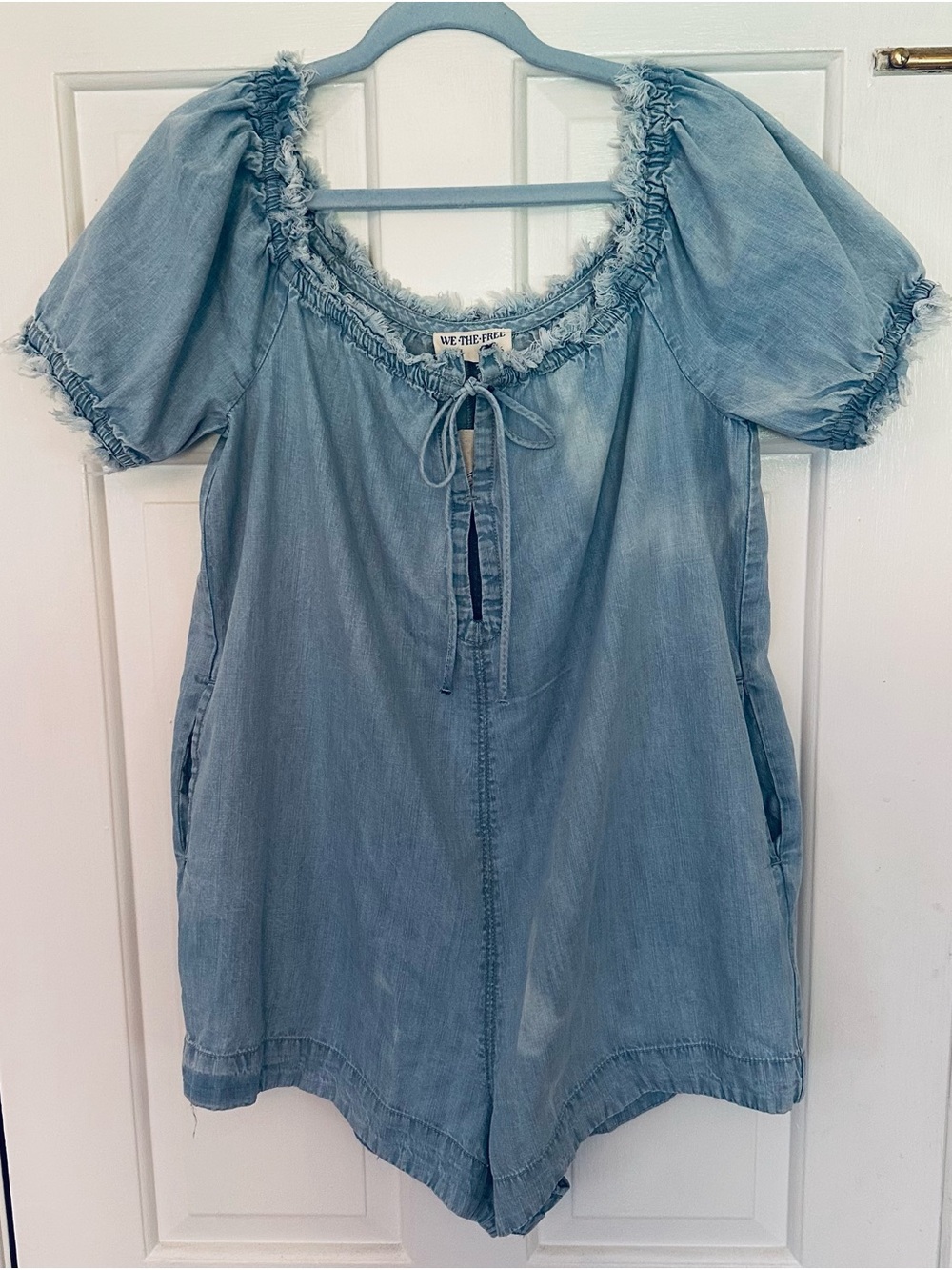 Free People Blue Denim Baby-Doll Distressed Romper With Pockets Women’s S NEW!